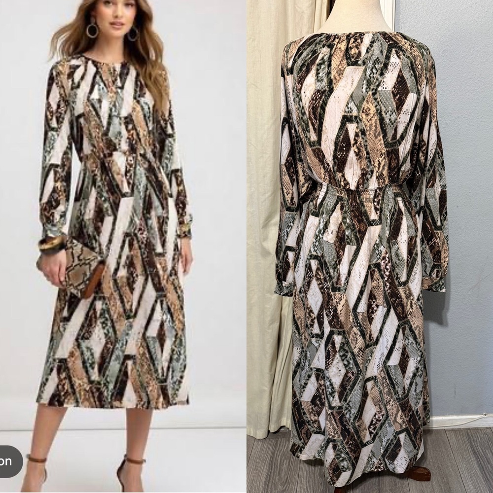 HM Midi Dress XL Snakeskin Patchwork Geometric Long Sleeve Elastic Waist Fall